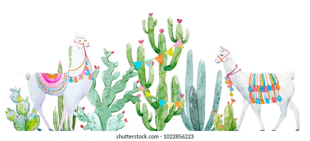 Watercolor tropical baner cactus, cute llama, Mexican print, multi colored triangular flags - Powered by Shutterstock