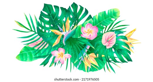 Watercolor Tropical Composition Plumeria Strelitzia Anthurium Palm Leaves And Monstera Bouquet Exotic Flower Arrangement For Design