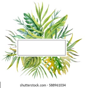 Watercolor tropical design invitation card with exotic palm leaves. wedding invitation template