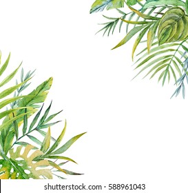 Watercolor tropical design invitation card with exotic palm leaves