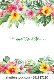 Watercolor Tropical Floral Illustration - Flower And Leaf Arrangement Border Frame For Wedding, Anniversary, Birthday, Invitations, Cards, Dates, Etc. Save The Date!