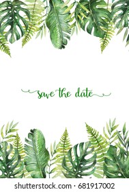 Watercolor Tropical Floral Illustration - Leaves Arrangement Border Frame For Wedding, Anniversary, Birthday, Invitations, Cards, Dates, Etc. Save The Date!