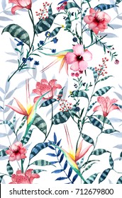 Watercolor tropical floral pattern, delicate flower wallpaper, wildflowers pink,tansy, pansies. .  wallpaper on a white background