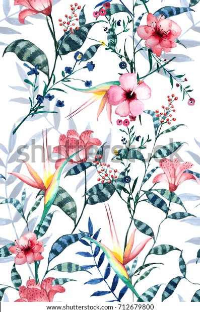 水彩熱帶花卉圖案 精緻的花壁紙 野花粉紅色 丹白色背景 壁紙庫存插圖