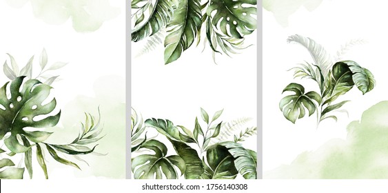 Watercolor Tropical Floral Templates Set - Bouquet, Frame, Border. Green Leaves. For Wedding Stationary, Greetings, Wallpapers, Fashion, Background.