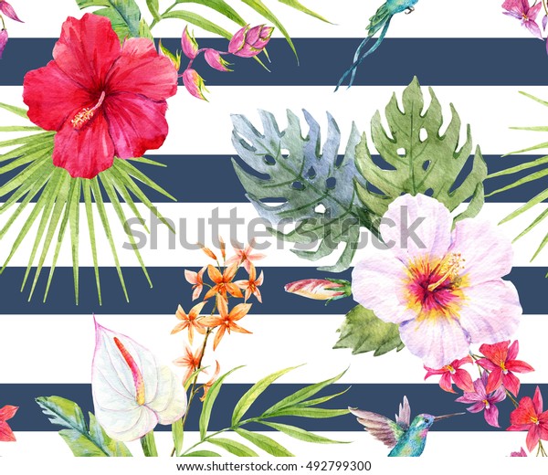 水彩熱帯花柄 ハイビスカスの花 ヤシの葉 ラン 明るい夏のプリント ストライプの背景 のイラスト素材