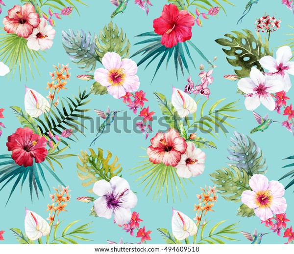 水彩熱帯花柄 ハイビスカス花 ヤシの葉 ラン 明るい夏のプリント レトロ のイラスト素材