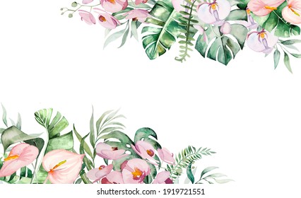 Watercolor Tropical Flowers And Leaves Border  Illustration