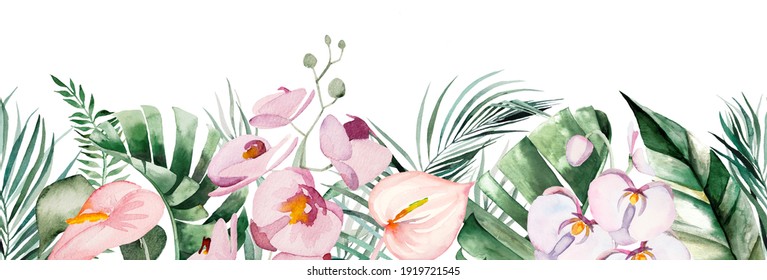 Watercolor Tropical Flowers And Leaves Bouquet Seamless Border Illustration