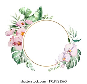 Watercolor Tropical Flowers And Leaves Circle Frame Illustration