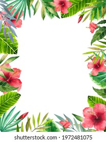 Watercolor Tropical Flowers Leaves Frame Illustration Stock ...