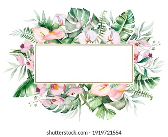 Watercolor Tropical Flowers And Leaves Geometric Frame Illustration