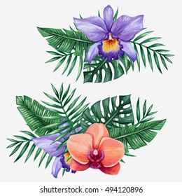 Watercolor Tropical Flowers Palm Tree Leaves Stock Illustration ...