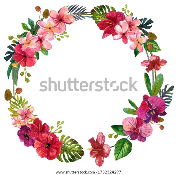 水彩の熱帯の花がクリップアート 熱帯のヤシの葉 プルメリア 蘭 ハワイの花束 縁取り 結婚式の文房具 挨拶 壁紙 ファッション テンプレート はがき 白い背景に分離 のイラスト素材