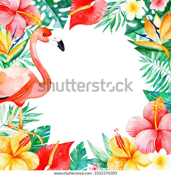 Watercolor Tropical Frame Bordertexture Greensbranchexotic ...