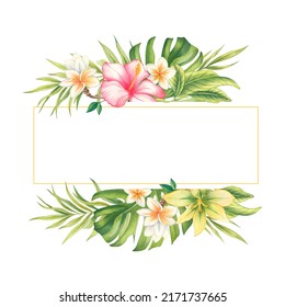 Watercolor Tropical Frame With Leaves And Flowers. The Jungle Leaf Frame Is Suitable For Making Summer Wedding Invitations And Holiday Cards