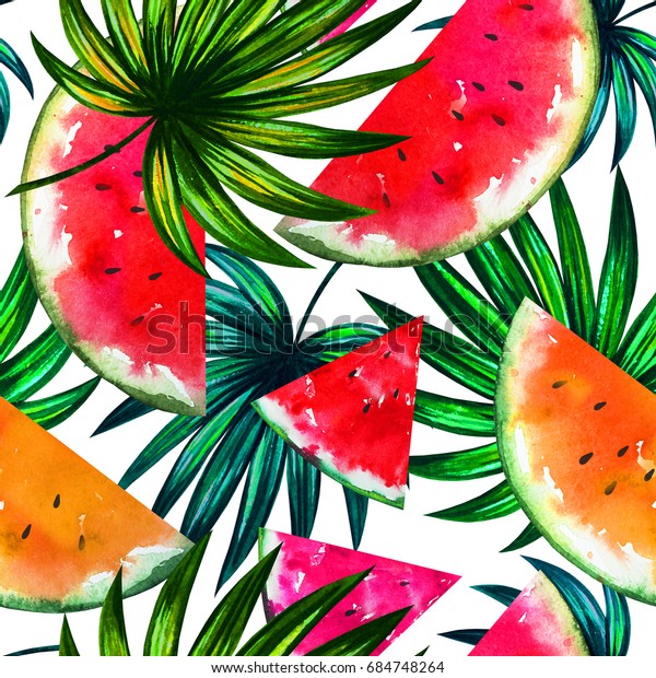 水彩の熱帯イラストで ジューシーな赤とオレンジ色のスイカと緑のヤシの葉が描かれています 夏 のカーニバルの招待 エキゾチックな包装 バナー用の自然なジャングルのシームレスなパターン のイラスト素材