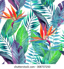 Watercolor tropical leaves and flowers seamless pattern. Hand painted illustration for floral design background.
