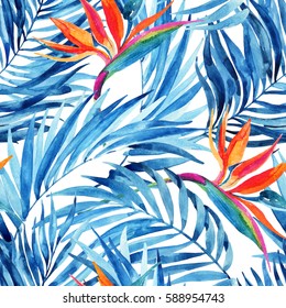 Watercolor tropical leaves and flowers seamless pattern. Watercolour palm leaves and bird-of-paradise painting. Hand painted illustration for summer design. Water color exotic background.