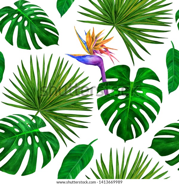 Watercolor Tropical Leaves Flowers Strelitzia Seamless Stock Illustration 1413669989