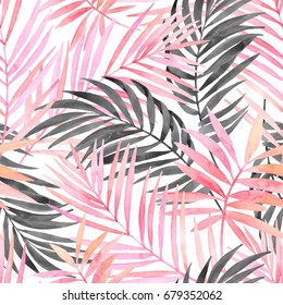 Watercolor Tropical Leaves Seamless Pattern. Watercolour Pink Colored And Graphic Palm Leaf Painting. Hand Painted Art Illustration For Summer Design. Water Color Exotic Background.