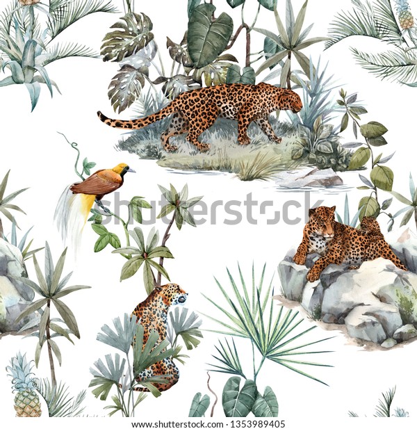 水彩の熱帯柄でヒョウと動物 ジャングルを歩く野生のヒョウ ベッドに子猫を乗せたヒョウ 木の上の楽園の鳥 ヤシの木とモンステラの植物 のイラスト素材