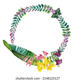 Watercolor Tropical Plant Wreath Illustration. Floral Summer Arrangements