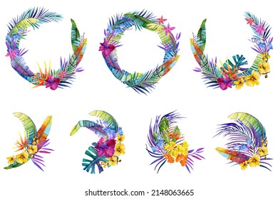 Watercolor Tropical Rainbow Floral Wreath And Boquets Set