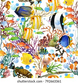 Watercolor Tropical Sea Fish Seamless Pattern. Underwater World Background. Coral Reef Illustration.