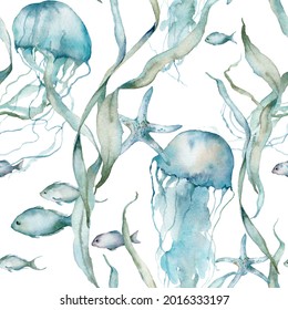 Watercolor tropical seamless pattern of jellyfish, fish, starfish and laminaria. Underwater animals and plant isolated on white background. Aquatic illustration for design, print or background.