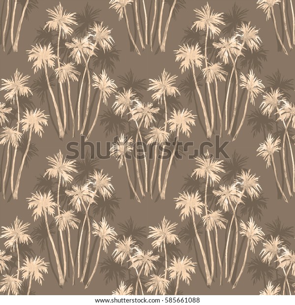 Watercolor tropical summer pattern with palm\
trees. California palm trees. retro\
colors