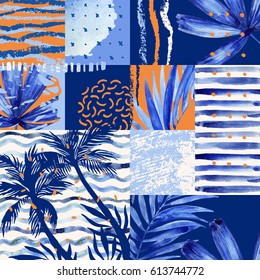 Watercolor tropical summer seamless pattern. Palm trees and leaves painting, doodles, grunge and watercolour textures in squares. Hand painted vivid illustration. Water color exotic background.
