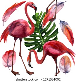 Watercolor Tropical Wildlife, Flamingo Bird, Seamless Pattern. Hand Drawn Jungle Nature, Flowers Illustration. Print For Textile, Cloth, Wallpaper, Scrapbooking