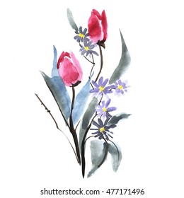 Watercolor Tulip Flower Background. Hand Drawn Nature Painting Art. Ink Wash Painting. Vintage Design For Poster, Greeting Card, Postcard, Invitation, Book, Fashion Fabric.