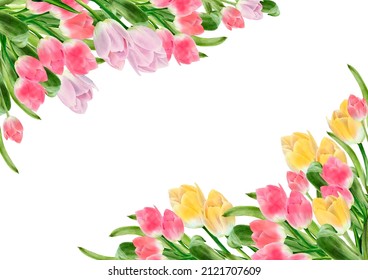 Watercolor tulip flowers frame. Spring design for valentine day, 8 march, mothers day, easter. Greeting card border. Hand painted illustration isolated on white background