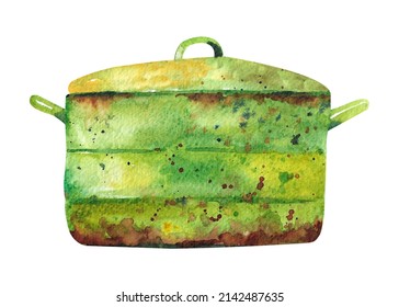 Watercolor Tureen. Green Rusty Old Saucepan.