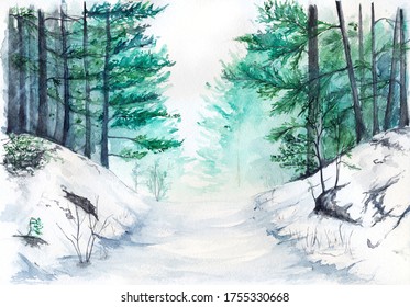 Watercolor Turquoise Winter Wood Forest Pine Landscape