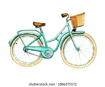 Watercolor turquoise woman bicycle with basket. Hand draw illustration on a white background