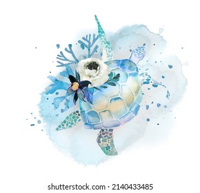 Watercolor Turtle With Flowers Illustration. Ocean Themed Clipart. Under The Sea Wildlife Design.