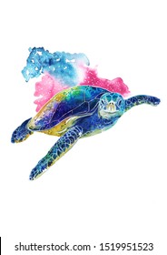 Watercolor Turtle Swims In The Ocean