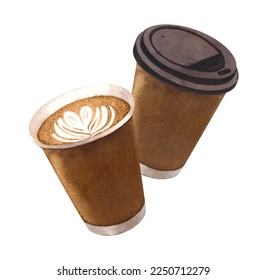 Watercolor two disposable craft paper coffee latte cup takeaway. Hand-drawn illustration isolated on white background. Perfect concept for cafe, restaurant, menu, cards - Powered by Shutterstock