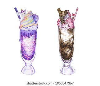 Watercolor Two Milkshakes On The White Background