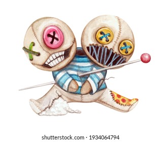 Watercolor two-headed voodoo doll sitting with a needle jammed through their shared belly, grinning and grimacing while being cute and creepy.