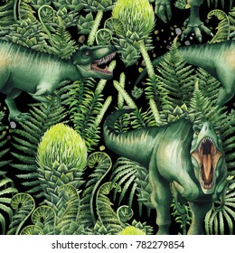 緑の先史時代の植物で飾られた水彩のティラノサウルス 手描きのシームレスな恐竜柄 ジュラ紀の捕食者 のイラスト素材
