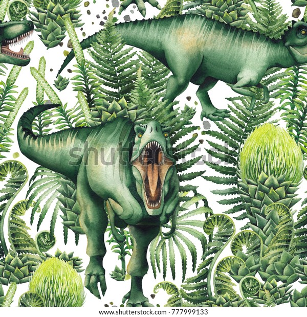 緑の先史時代の植物で飾られた水彩のティラノサウルス 手描きのシームレスな恐竜柄 ジュラ紀の捕食者 のイラスト素材