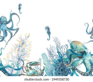 Watercolor Under Sea Life Border. Repeating Ornate With Octopus, Seahorse, Crab, Corals. Seamless Design For Fabric, Paper, Wallpaper