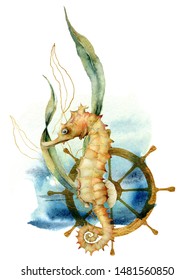 Watercolor underwater card with seahorse. Hand painted composition with wheel and golden laminaria isolated on white background. Line art illustration for design, fabric prints or background