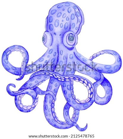 Watercolor Underwater creatures Blue Octopus, Hand drawn illustration