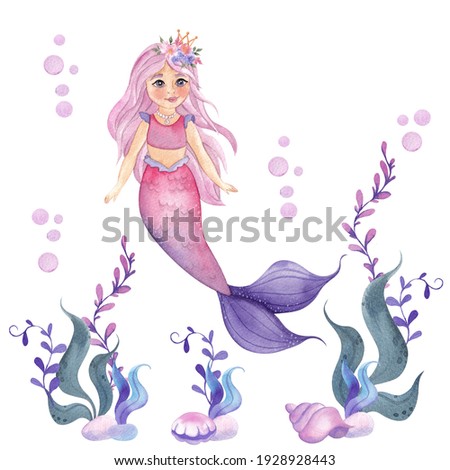 Watercolor underwater illustration with mermaid and floral, isolated on white background