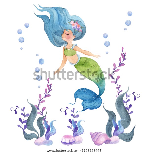 Watercolor underwater illustration with\
mermaid and floral, isolated on white\
background